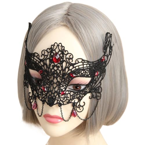 EBVincxmk Spitzen-Augenmaske mit Kette für Damen, Maskeraden, Abschlussball, Karneval, Halloween, Maskerade, Augenmaske für Dinner-Party, Hochzeit von EBVincxmk