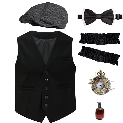 EBYTOP 1920er Jahre Herrenkostüm, Halloween Mafia Kleidung Great Gatsby Flapper Zubehör Gangster Hut Roaring 20s Bonnie und Clyde Harlem Nights Gomez Addams Family Mobster Mob Boss Outfit, 4-S von EBYTOP