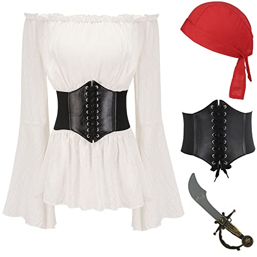 EBYTOP Piratenkostüm Damen, weißes Piratenkleid Korsett Gürtel Kopftuch Bandana Schwert Rock Hemd Hut Augenklappe Halloween Zubehör, XXL von EBYTOP