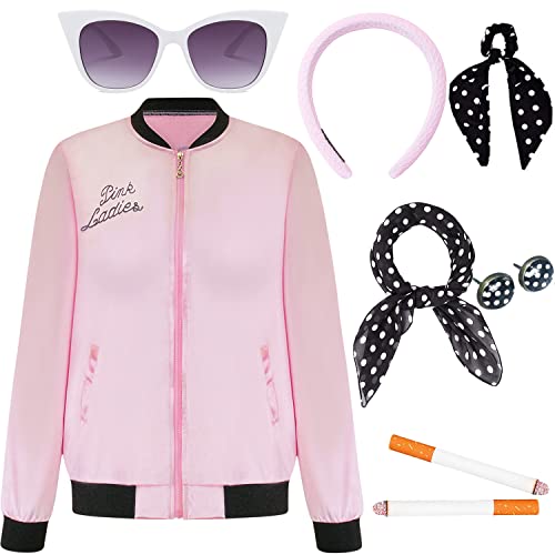 EBYTOP Rosa Damen Jacke Fett, Halloween 50er Jahre Kostüme für Frauen Bad Sandy von Grease 1950er Jahre Top Gürtel Outfits Zubehör Gürtel Erwachsene Brille, S von EBYTOP