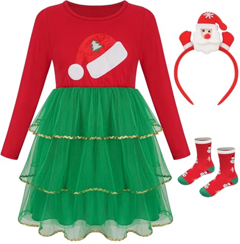 Weihnachtskleid, Weihnachtsmannmütze, Tüllkleider, Outfit mit Zubehör, Stirnband und Socken, Grün / Rot, 5-6 Years von EBYTOP