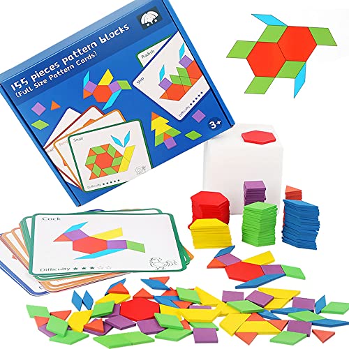 Tangram Kinder Puzzle Spielzeug, ECCHY Geometrische Formen Holzpuzzles mit 155 Teile Bausteine und 12 Beidseitige Karten, Montessori Spielzeug für 3 4 5 6 7 Jahre von ECCHY