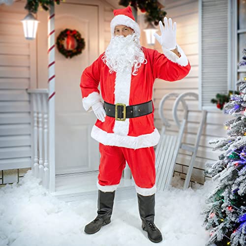 ECD Germany 9-teiliges Weihnachtsmann Kostüm mit Mütze, Bart, Gürtel und Handschuhe, Einheitsgröße S-XL, Rot-Weiß, Verkleidung für Weihnachten, Nikolauskostüm Santa Claus Anzug für Herren/Erwachsene von ECD Germany