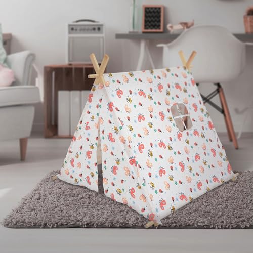 ECD Germany Tipi Spielzelt für Kinder 117x108x105 cm, Indianerzelt Weiß mit bunten Motiven, drinnen/draußen, Teepee Kinderzelt mit 2 Türen und einem Fenster, Kinderzimmer Spielhaus für Mädchen/Jungen von ECD Germany