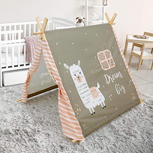 ECD Germany Tipi Spielzelt für Kinder 108x105x117 cm, Indianerzelt Warm-Grau mit Lama Motiv, drinnen/draußen, Teepee Kinderzelt mit 2 Türen und einem Fenster, Kinderzimmer Spielhaus für Mädchen/Jungen von ECD Germany