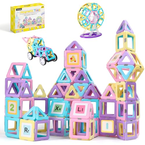 ECHOCUBE Magnetische Bausteine, 120 Teile Magnetische Kacheln mit Magnet Räde Set für Kinder ab 3 Jahre, Magnet Spielzeug für Mädchen Jungen Weihnachten Geburtstag Geschenk von ECHOCUBE