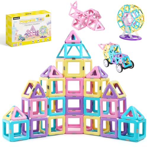 ECHOCUBE Magnetische Bausteine, 70 Teile Magnetische Kacheln mit Magnet Räde Set für Kinder ab 3 Jahre, Magnet Spielzeug für Mädchen Jungen Weihnachten Geburtstag Geschenk von ECHOCUBE