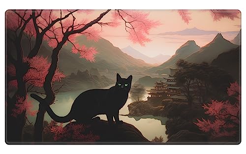 EDGFRTOIO Card Playmat 24 "x 14" Game Mat for MTG/TCG Cards, Trading Card Game Stitched Play Mats Original Duel Mat Gaming Competition Pad Board Games Card Binder Pink Tree Black Cat von EDGFRTOIO