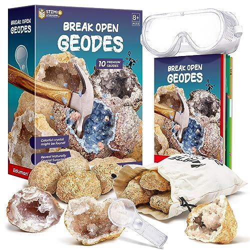 EDUMAN Geoden Zum Aufbrechen für Kinder, Natur Geoden Set in Groß und Klein, Inklusive Schutzbrille, Lupe, Aufbewahrungstasche, Geschenke für Jungen und Mädchen ab 8 Jahre von EDUMAN