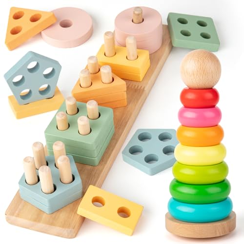 EFO SHM Montessori Spielzeug ab 1 Jahr - Holzspielzeug Stapelturm und Puzzle Motorikspielzeug - Aktivitäts & Entwicklungsspielzeug, Baby Kinderspielzeug Geschenk 1 2 3 Jahr von EFO SHM
