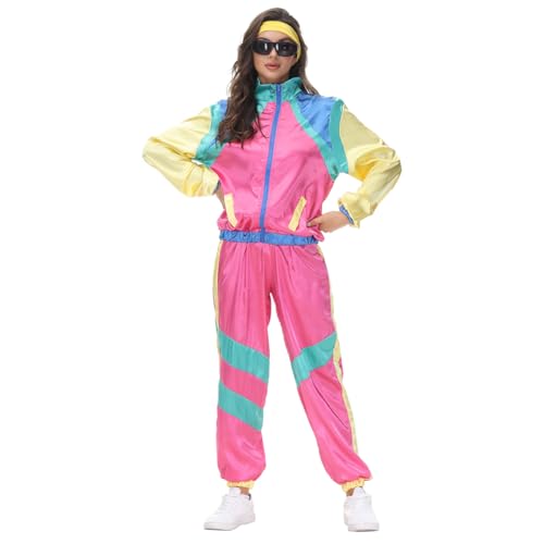 EFOGEP 80er 90er Jahre Outfit für Damen: Trainingsanzug Kostüm Retro Shell Anzug Fancy Dress mit Jacke Stirnband 3PCS Rave Outfit Hip Hop Metallic Hose Karneval Partys Disco Clubwear Rosa Damen M von EFOGEP