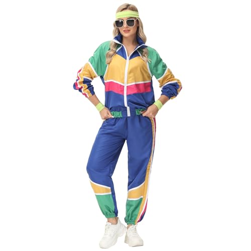 EFOGEP 80er 90er Jahre Outfit für Damen: Trainingsanzug Kostüm Retro Shell Anzug Fancy Dress mit Jacke Stirnband 3PCS Shiny Rave Outfit Hip Hop Metallic Hose Karneval Partys Clubwear Blau Damen M von EFOGEP