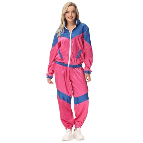 EFOGEP 80er 90er Jahre Outfit für Damen: Trainingsanzug Kostüm Shell Anzug Fancy Dress mit Jacke Stirnband 3PCS Rave Outfit Hip Hop Metallic Hose Karneval Partys Disco Clubwear Heiße rosa Damen M von EFOGEP