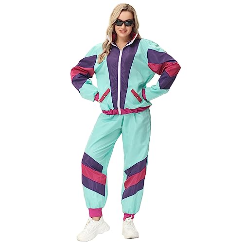 EFOGEP 80er 90er Jahre Outfit für Damen: Trainingsanzug Kostüm Shell Anzug Fancy Dress mit Jacke Stirnband 3PCS Shiny Rave Outfit Hip Hop Metallic Hose Karneval Partys Disco Clubwear Grüne Damen XL von EFOGEP