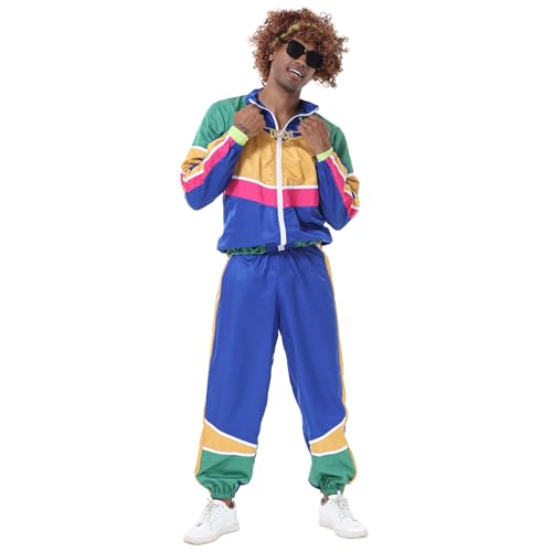 EFOGEP 80er 90er Jahre Outfit für Herren: Trainingsanzug Kostüm Retro Shell Anzug Fancy Dress mit Jacke Stirnband 3PCS Rave Outfit Hip Hop Metallic Hose Karneval Disco Clubwear Blau Gelb Herren M von EFOGEP