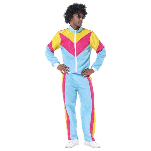 EFOGEP 80er 90er Jahre Outfit für Herren: Trainingsanzug Kostüm Retro Shell Anzug Fancy Dress mit Jacke Stirnband 3PCS Rave Outfit Hip Hop Metallic Hose Karneval Disco Clubwear Hellblau Herren M von EFOGEP