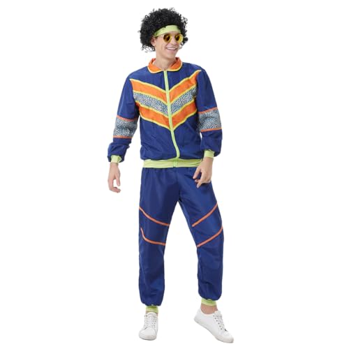 EFOGEP 80er 90er Jahre Outfit für Herren: Trainingsanzug Kostüm Retro Shell Anzug Fancy Dress mit Jacke Stirnband 3PCS Rave Outfit Hip Hop Metallic Hose Karneval Disco Clubwear Marine Blau Herren XL von EFOGEP