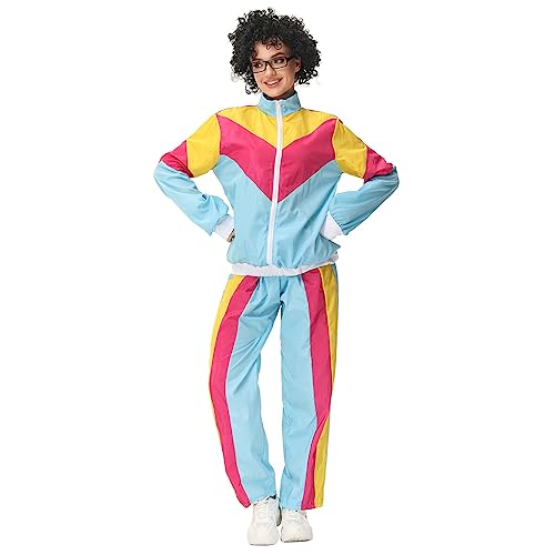 EFOGEP 80er 90er Jahre Outfit für Herren: Trainingsanzug Kostüm Retro Shell Anzug Fancy Dress mit Jacke Stirnband 3PCS Rave Outfit Hip Hop Metallic Hose Karneval Party Disco Clubwear Hellblau Damen XL von EFOGEP