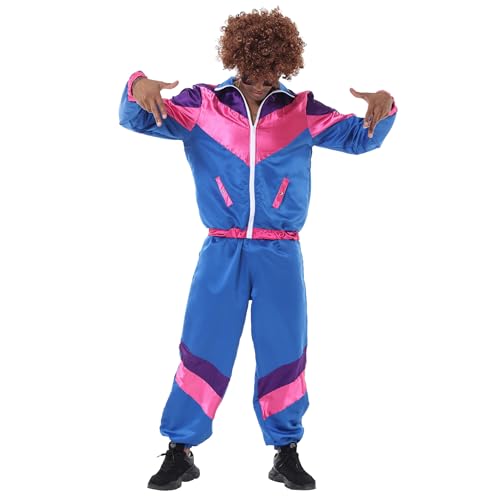 EFOGEP 80er 90er Jahre Outfit für Herren: Trainingsanzug Kostüm Retro Shell Anzug Fancy Dress mit Jacke Stirnband 3PCS Rave Outfit Hip Hop Metallic Hose Karneval Partys Clubwear Blau Rosa Herren M von EFOGEP