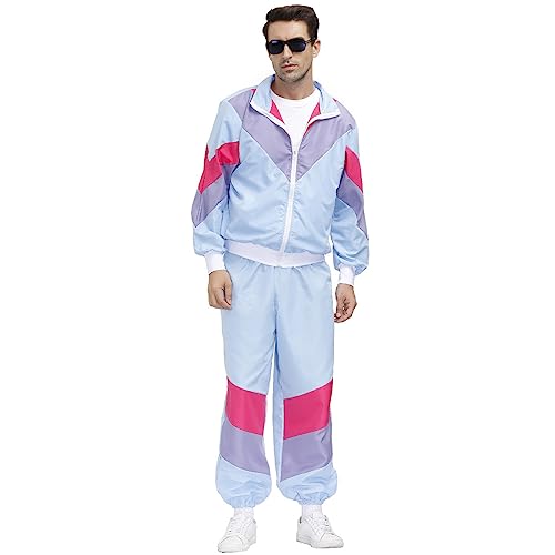 EFOGEP 80er 90er Jahre Outfit für Herren: Trainingsanzug Kostüm Retro Shell Anzug Fancy Dress mit Jacke Stirnband 3PCS Rave Outfit Hip Hop Metallic Hose Karneval Partys Clubwear Himmelblau Herren XL von EFOGEP