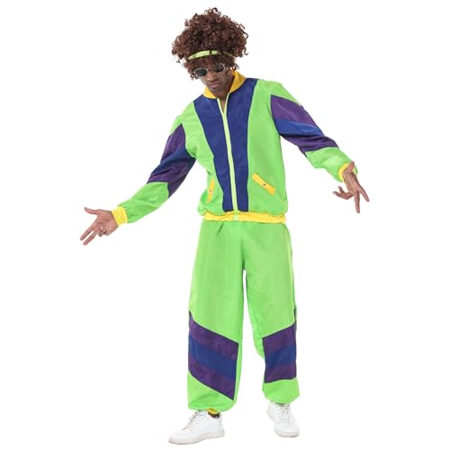 EFOGEP 80er 90er Jahre Outfit für Herren: Trainingsanzug Kostüm Retro Shell Anzug Fancy Dress mit Jacke Stirnband 3PCS Rave Outfit Hip Hop Metallic Hose Karneval Partys Disco Clubwear Grüne Herren M von EFOGEP