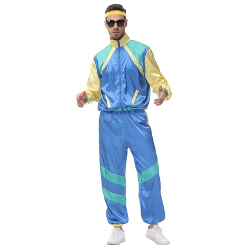 EFOGEP 80er 90er Jahre Outfit für Herren: Trainingsanzug Kostüm Retro Shell Anzug Fancy Dress mit Jacke Stirnband 3PCS Shiny Rave Outfit Hip Hop Metallic Hose Karneval Partys Clubwear Blau Herren XL von EFOGEP