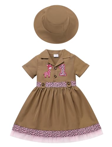 EFOGEP Baby Mädchen Dschungel Safari Kostüm Wild ein Geburtstag Party Outfit Kurzarm Rüschen Tüll Kleid + Hut 2PCS Explorer Kleidung Froest Abenteuer Zoo Keeper Kleider Braun 12-18 Monate von EFOGEP