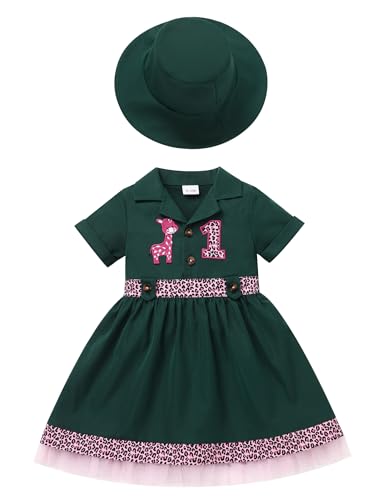 EFOGEP Baby Mädchen Dschungel Safari Kostüm Wild ein Geburtstag Party Outfit Kurzarm Rüschen Tüll Kleid + Hut 2PCS Explorer Kleidung Froest Abenteuer Zoo Keeper Kleider Grün 12-18 Monate von EFOGEP