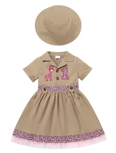 EFOGEP Baby Mädchen Dschungel Safari Kostüm Wild ein Geburtstag Party Outfit Kurzarm Rüschen Tüll Kleid + Hut 2PCS Explorer Kleidung Froest Abenteuer Zoo Keeper Kleider Khaki 12-18 Monate von EFOGEP