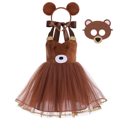 EFOGEP Baby Mädchen Dschungel Tiere Kostüm: Braunbär Mesh Tutu Kleid mit Haarreifen Schwanz 3PCS Sets Safari Thema Party Geburtstag Halloween Weihnachten Kleid bis Cosplay Braunbär 11-12 Jahre von EFOGEP