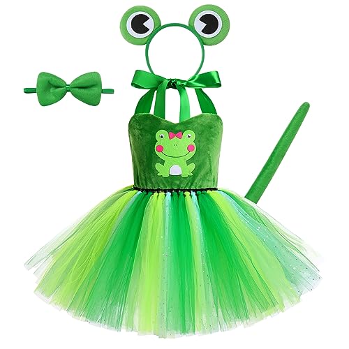 EFOGEP Baby Mädchen Dschungel Tiere Kostüm: Frosch Mesh Tutu Kleid mit Haarreifen Schwanz 3PCS Sets Safari Thema Party Geburtstag Halloween Weihnachten Kleid bis Cosplay Grüner Frosch 11-12 Jahre von EFOGEP