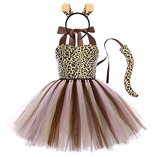 EFOGEP Baby M�dchen Dschungel Tiere Kost�m: Leopard Mesh Tutu Kleid mit Haarreifen Schwanz 3PCS Sets Safari Thema Party Geburtstag Halloween Weihnachten Kleid bis Cosplay Brauner Leopard 11-12 Jahre von EFOGEP