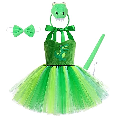 EFOGEP Baby M�dchen Dschungel Tiere Kost�m: Mesh Tutu Kleid mit Haarreifen Schwanz 3PCS Sets Safari Thema Party Geburtstag Halloween Weihnachten Kleid bis Cosplay Gr�n Dinosaurier 4PCS 18-24 Monate von EFOGEP