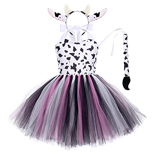 EFOGEP Baby Mädchen Dschungel Tiere Kostüm: Milch Kuh Mesh Tutu Kleid mit Haarreifen Schwanz 3PCS Sets Safari Thema Party Geburtstag Halloween Weihnachten Kleid bis Cosplay Milch Kuh Rose 11-12 Jahre von EFOGEP