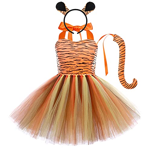 EFOGEP Baby Mädchen Dschungel Tiere Kostüm: Tiger Mesh Tutu Kleid mit Haarreifen Schwanz 3PCS Sets Safari Thema Party Geburtstag Halloween Weihnachten Kleid bis Cosplay Tiger 11-12 Jahre von EFOGEP