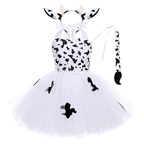 EFOGEP Baby M�dchen Dschungel Tiere Kost�m: Wei�e Kuh Mesh Tutu Kleid mit Haarreifen Schwanz 3PCS Sets Safari Thema Party Geburtstag Halloween Weihnachten Kleid bis Cosplay Wei�e Kuh 2 Jahre von EFOGEP