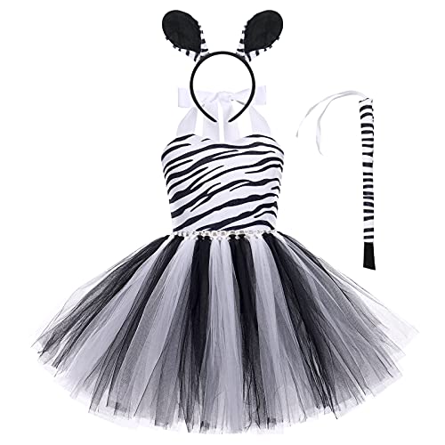 EFOGEP Baby Mädchen Dschungel Tiere Kostüm: Zebra Mesh Tutu Kleid mit Haarreifen Schwanz 3PCS Sets Safari Thema Party Geburtstag Halloween Weihnachten Kleid bis Cosplay Zebra 11-12 Jahre von EFOGEP