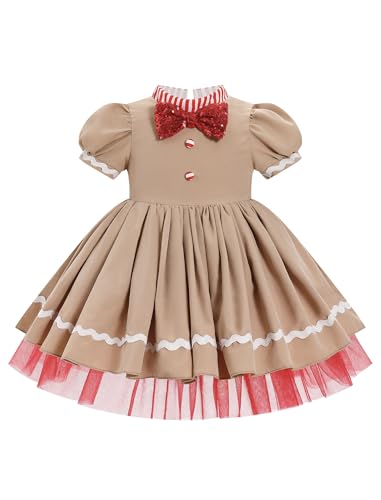 EFOGEP Baby Mädchen Weihnachten Kleid: Prinzessin kurze Puffärmel Tutu Kleid Halloween Cosplay Kostüm Mock Hals Herz drucken Xmas Urlaub Geburtstag Party Rüschen Tüll Kleid Khaki 12-18 Monate von EFOGEP