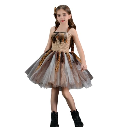 EFOGEP Cavegirl Kostüm Kinder: Kleinkind Mädchen Indianer Steinzeit Höhlenmensch Kostüm Rüschen Tüll Kleid Haarschleife 2PCS Leopard Karneval Halloween Dress Up Role Play Outfit Braun 10-12 Jahre von EFOGEP