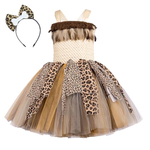 EFOGEP Cavegirl Kostüm Kinder: Kleinkind Mädchen Indianer Steinzeit Höhlenmensch Kostüm Rüschen Tüll Kleid und Haarschleife 2PCS Leopard Karneval Halloween Dress Up Role Play Outfit Beige 2-3 Jahre von EFOGEP