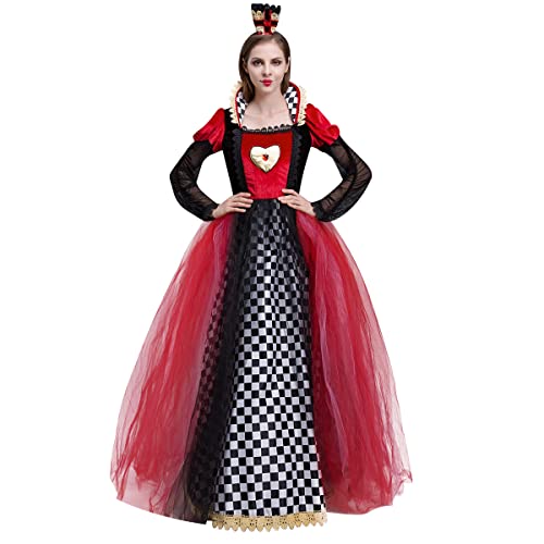 EFOGEP Damen Halloween K�nigin Kost�m: Rot Herz Druck Patchwork T�ll Gesplei�t Prinzessin Cosplay Kleid Ausgefallenes Kariertes Kleid mit Krone Festzug Geburtstag Abschlussballkleider Rotes Herz L von EFOGEP