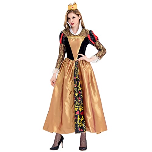 EFOGEP Damen Halloween Königin Kostüm: Rot Herz Druck Patchwork Tüll Gespleißt Prinzessin Cosplay Kleid Ausgefallenes Kariertes Kleid mit Krone Festzug Geburtstag Party Abschlussballkleider Gold L von EFOGEP