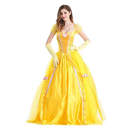 EFOGEP Damen Sch�nheit Prinzessin Kost�m Halloween Party Kleid Puff Kurzarm Quadrat Hals Weihnachten Karneval Cosplay Dress Up Outfit mit Zubeh�r Gelb Ballkleider Gelb S von EFOGEP