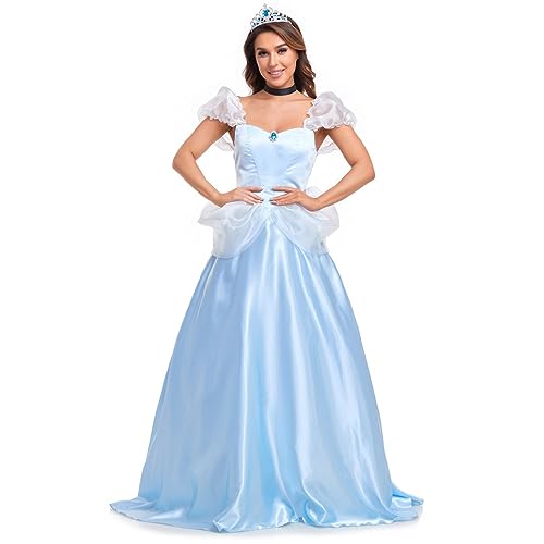 EFOGEP Damen Schönheit Prinzessin Kostüm Halloween Party Kleid Puff Kurzarm Quadrat Hals Weihnachten Karneval Cosplay Dress Up Outfit mit Zubehör Gelb Ballkleider Blau XL von EFOGEP