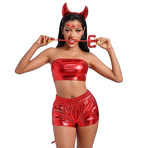 EFOGEP Damen Teufel und Engel Kostüm 5Pcs: Metallisches Rave-Top Holographische Rock Shorts Hörner Stirnband Pitchfork Halloween Cosplay Clubwear Musik Festival Rave Outfit Rot Teufel Kostüm 5PCS L von EFOGEP