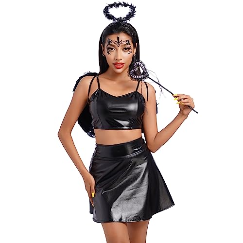 EFOGEP Damen Teufel und Engel Kostüm 5Pcs: Metallisches Rave-Top Holographische Rock Shorts Hörner Stirnband Pitchfork Halloween Cosplay Dress Up Clubwear Musik Festival Rave Outfit Schwarz 5PCS L von EFOGEP