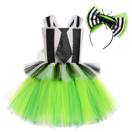 EFOGEP Halloween Kostüm für Mädchen: Spaghettiträger Schwarz und Weiß gestreift Rüschen Tüll Tutu Kleid mit Käfer Stirnband 2PCS Cosplay ärmellos Backlesss Dress Up Outfits Schwarz & Grün 8-9 Jahre von EFOGEP