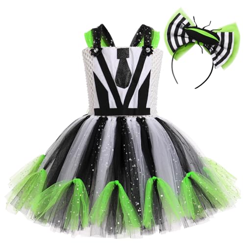 EFOGEP Halloween Kostüm für Mädchen: Spaghettiträger Schwarz und Weiß gestreift Rüschen Tüll Tutu Kleid mit Käfer Stirnband 2PCS Cosplay ärmellos Backlesss Dress Up Outfits Schwarz & Weiß 8-9 Jahre von EFOGEP