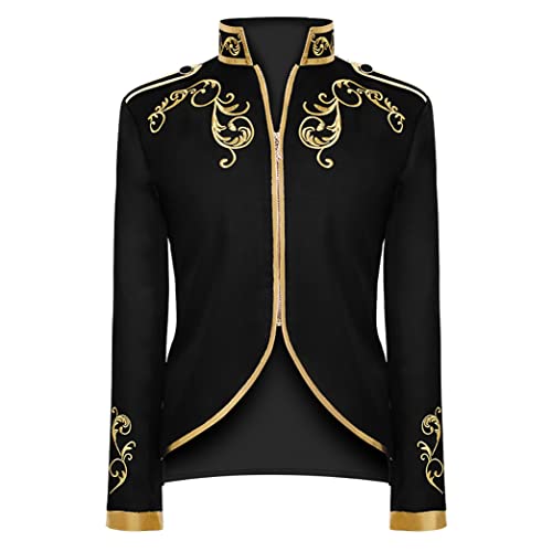 EFOGEP Herren Steampunk Gothic Jacke: Halloween Prinz Kostüme Langarm Gold bestickt Formal Mittelalterlich Viktorianisch Vintage Frack Cosplay Verkleidung Uniform Black 2XL von EFOGEP