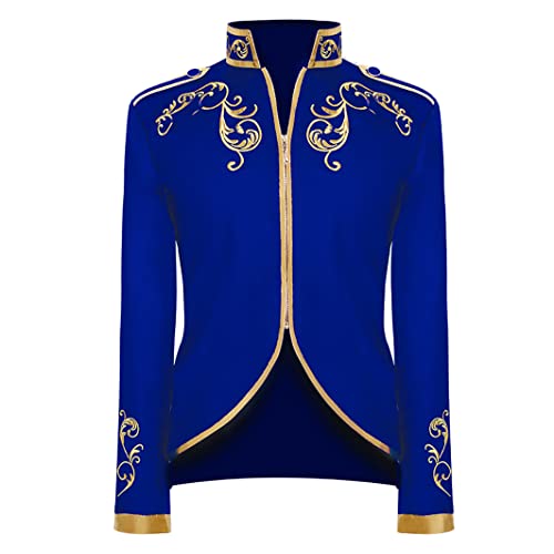 EFOGEP Herren Steampunk Gothic Jacke: Halloween Prinz Kostüme Langarm Gold bestickt Formal Mittelalterlich Viktorianisch Vintage Frack Cosplay Verkleidung Uniform Blau 3XL von EFOGEP